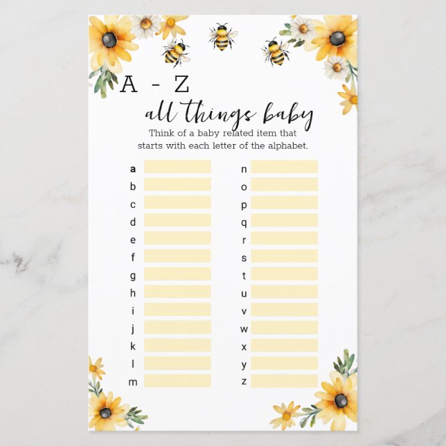 A-Z alles Babydusche Spiel (Vorderseite)