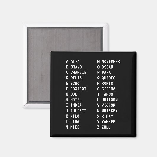 A-Z Flugcode Zweikolonnen Phonetisch Alphabet Schw Magnet (Vorderseite/Rückseite)
