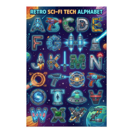 A-Z Retro Scifi Alphabet Poster (Vorderseite)