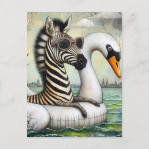 A Zebra on Vacation in a Floating Swan Postkarte