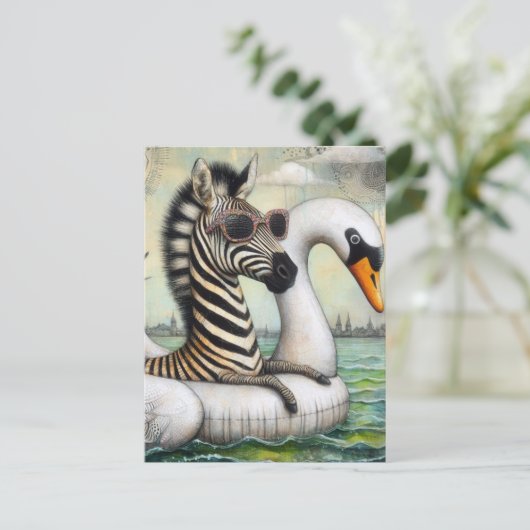 A Zebra on Vacation in a Floating Swan Postkarte (Stehend Vorderseite)