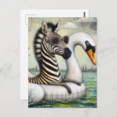 A Zebra on Vacation in a Floating Swan Postkarte (Vorne/Hinten)