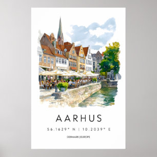 Aarhus Aquarell Vintage Reiseposter Ski Poster