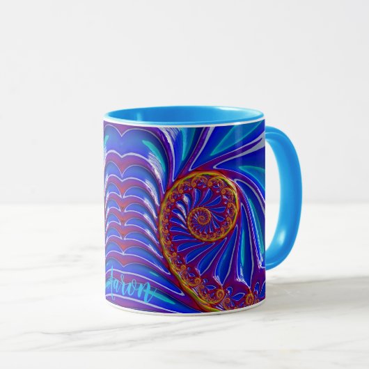 AARON ~ GLOSSY 3D Zany Blue Yellow Fraktal ~ Tasse (VorderseiteRechts)
