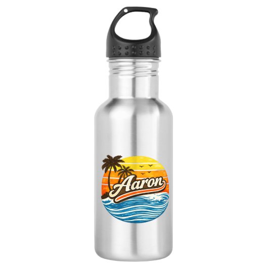 Aaron Retro-Sonnenuntergangs-Name-Design Edelstahlflasche (Vorderseite)