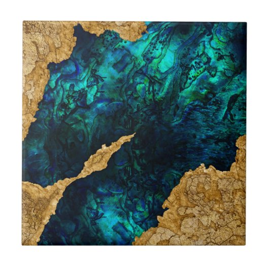 Abalone Blue und Gold Cement Mixed Media abstrakt Fliese (Vorderseite)