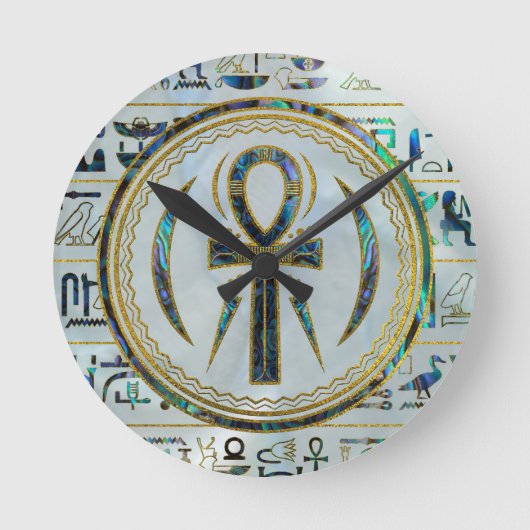 Abalone-Muschel Ägyptischer Ankh-Kreuz Runde Wanduhr (Vorderseite)