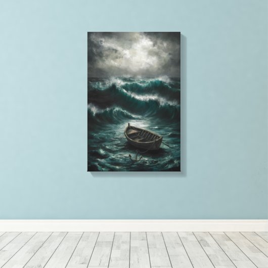 Abandoned Boat in Stormy Watters Ocean Art Leinwanddruck (Insitu (Holzboden))