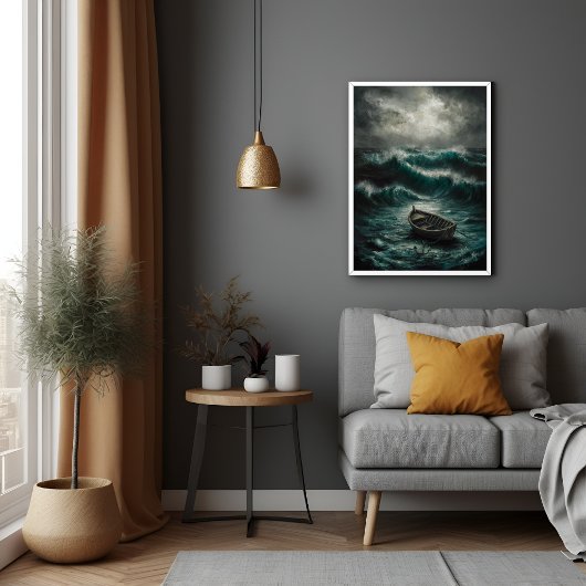 Abandoned Boat in Stormy Watters Ocean Art Poster