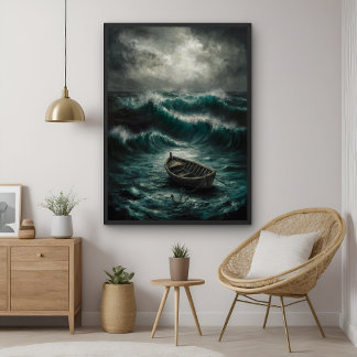 Abandoned Boat in Stormy Watters Ocean Art Poster