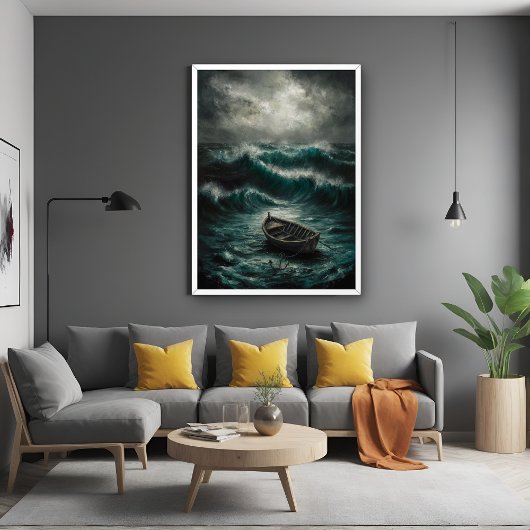 Abandoned Boat in Stormy Watters Ocean Art Poster