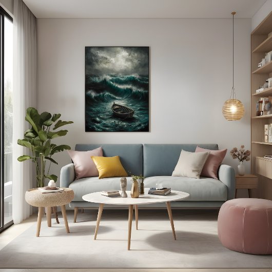 Abandoned Boat in Stormy Watters Ocean Art Poster