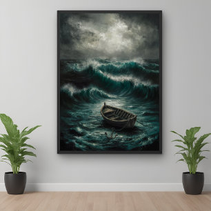 Abandoned Boat in Stormy Watters Ocean Art Poster