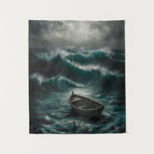 Abandoned Boat in Stormy Watters Ocean Art Wandteppich