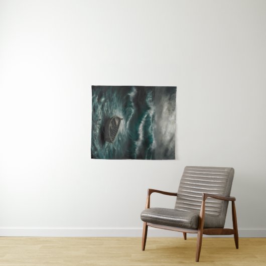 Abandoned Boat in Stormy Watters Ocean Art Wandteppich (Beispiel (Horizontal))