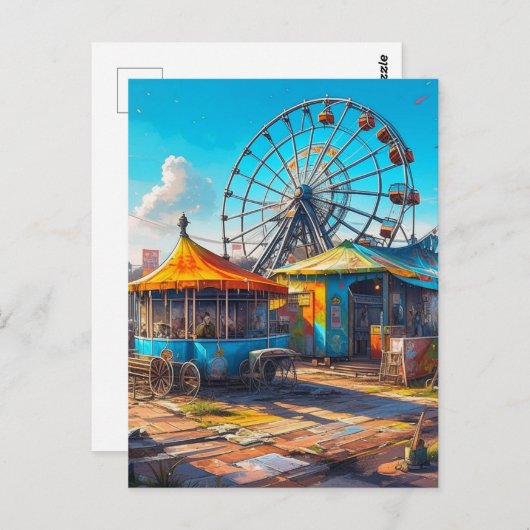 Abandoned Carnival Empty Ferris Wheel and Rides Postkarte (Vorne/Hinten)