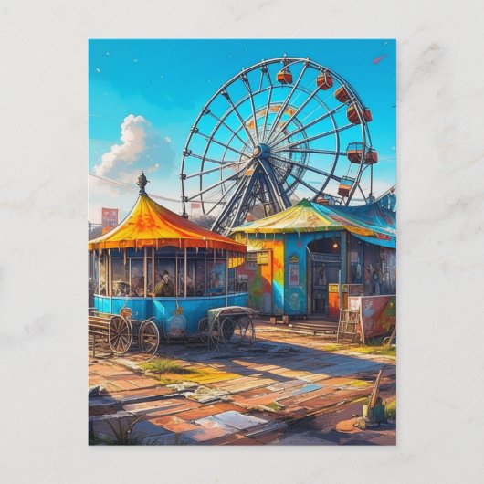 Abandoned Carnival Empty Ferris Wheel and Rides Postkarte (Vorderseite)