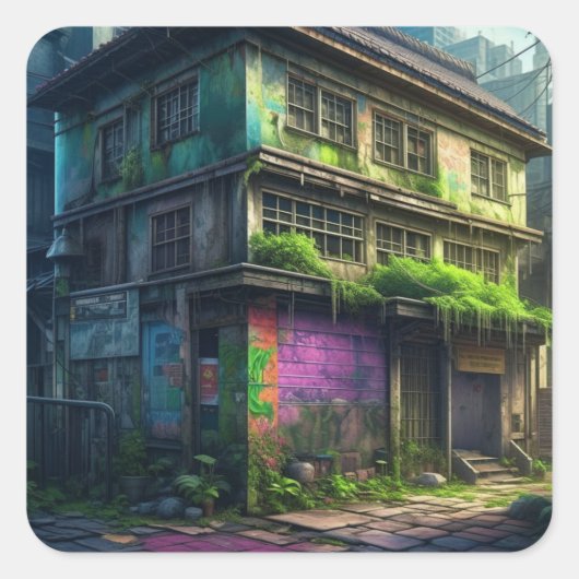 Abandoned Lila Graffiti Gebäude Urban Decke Quadratischer Aufkleber (Vorderseite)