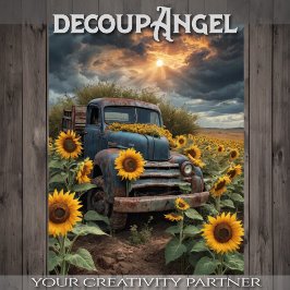 Abandoned Rusty Truck within Sunflower - Decoupage Seidenpapier