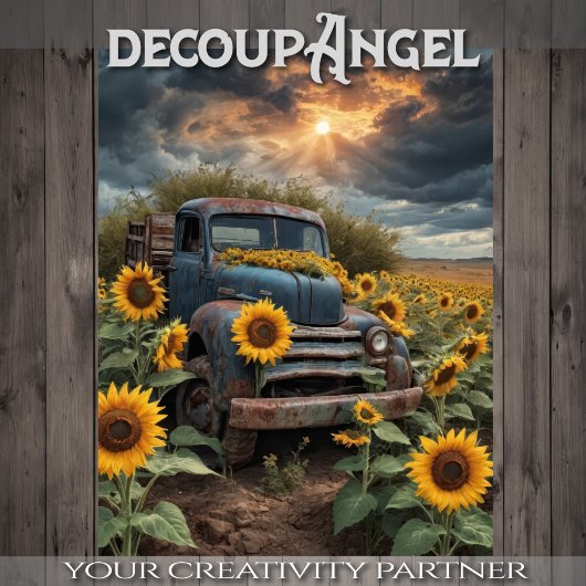 Abandoned Rusty Truck within Sunflower - Decoupage Seidenpapier