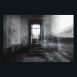 Abandoned Staircase Ghostly Doorway Blur Fotodruck<br><div class="desc">A wide stone staircase rises toward an open arched doorway in an abandoned grand interior, captured in stark black and white. Thick motion blur and ghostly double-exposure layers overlap walls, steps, and cracked plaster, creating an ethereal, dreamlike veil across the scene. Soft daylight pours through the threshold, revealing overgrown foliage...</div>
