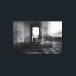 Abandoned Staircase Ghostly Doorway Blur Leinwanddruck<br><div class="desc">A wide stone staircase rises toward an open arched doorway in an abandoned grand interior, captured in stark black and white. Thick motion blur and ghostly double-exposure layers overlap walls, steps, and cracked plaster, creating an ethereal, dreamlike veil across the scene. Soft daylight pours through the threshold, revealing overgrown foliage...</div>