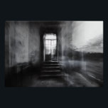 Abandoned Staircase Ghostly Doorway Blur Poster<br><div class="desc">A wide stone staircase rises toward an open arched doorway in an abandoned grand interior, captured in stark black and white. Thick motion blur and ghostly double-exposure layers overlap walls, steps, and cracked plaster, creating an ethereal, dreamlike veil across the scene. Soft daylight pours through the threshold, revealing overgrown foliage...</div>