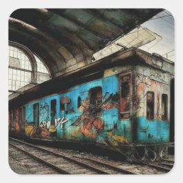 Abandoned Train with Graffiti Urban Street Art Quadratischer Aufkleber