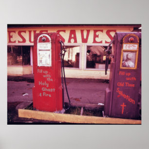 Abandonierte Gasstation, neue Religion, Vintag Poster