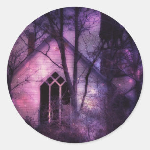 Abandred Church Lila Night Sky Digitale Kunst Runder Aufkleber
