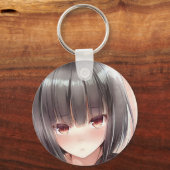 Abashed Anime Girl brünetter Bob Bernsteinaugen Schlüsselanhänger (Vorderseite)