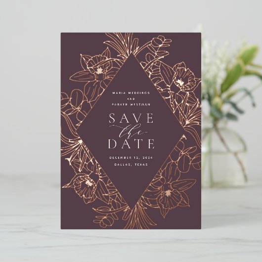 Abb | Floral Diamond Foil Save the Date Card Folieneinladung (Stehend vorne)