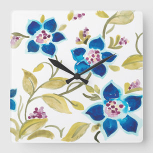 Abbey Floral Tiles - Blaue Blumen Quadratische Wanduhr