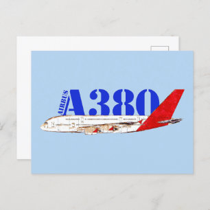 Abbildung A380 von Airbus mit fett rotem Schwanz Postkarte