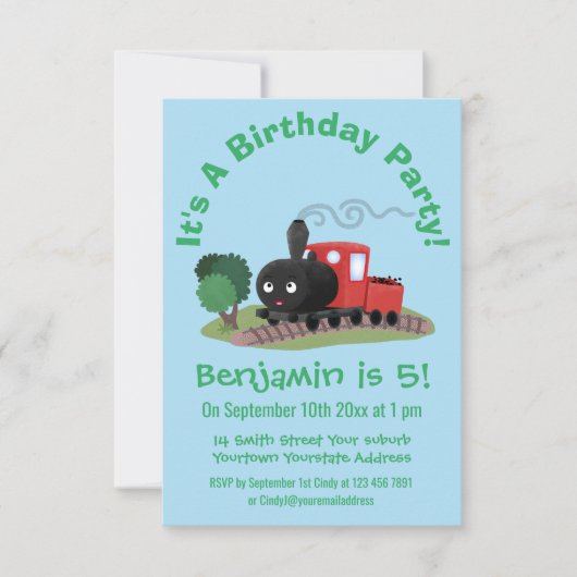 Abbildung des Cartoon der niedlichen Dampfzuglokom Einladung (Vorderseite)