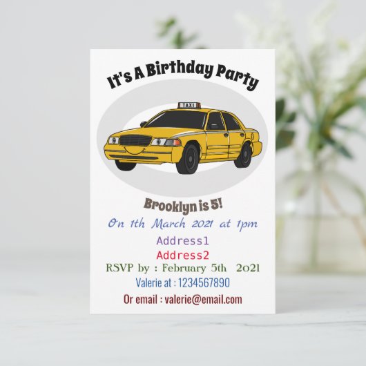 Abbildung des Cartoon Taxi Einladung (Stehend Vorderseite)