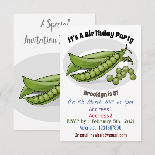 Abbildung des Pea-Cartoon Einladung (Vorne/Hinten)