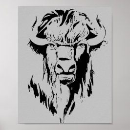 Abbildung eines Büffelkopfes in Schwarz-Weiß Poster