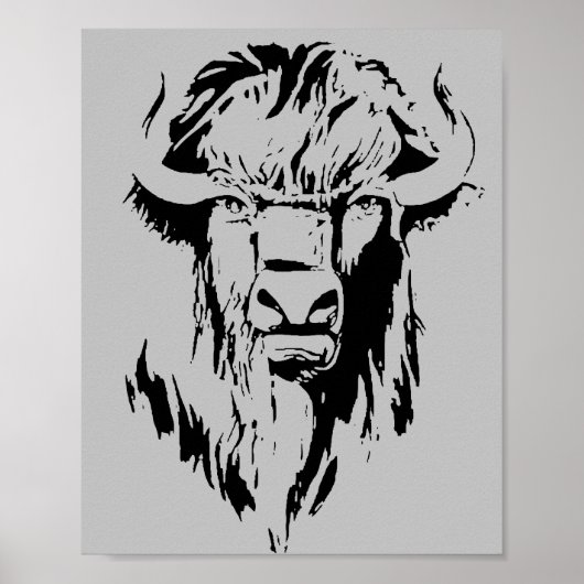 Abbildung eines Büffelkopfes in Schwarz-Weiß Poster (Vorne)