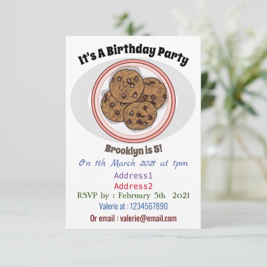 Abbildung eines Chocolate Chip Cookie Cartoon Einladung (Stehend Vorderseite)