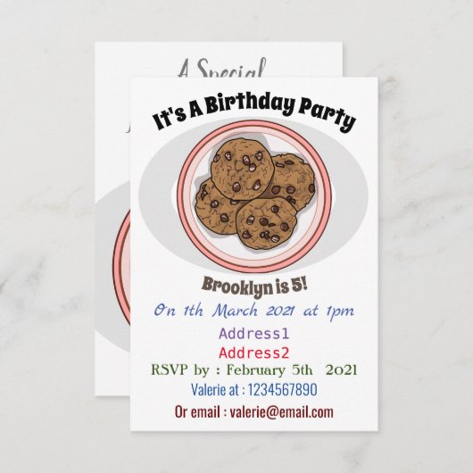Abbildung eines Chocolate Chip Cookie Cartoon Einladung (Vorne/Hinten)