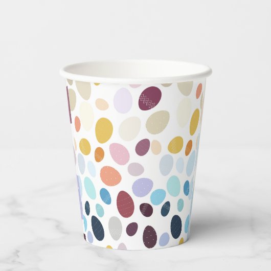 Abbildung mit farbigen Eiern in Gradientenfarbe. Pappbecher (Rückseite)