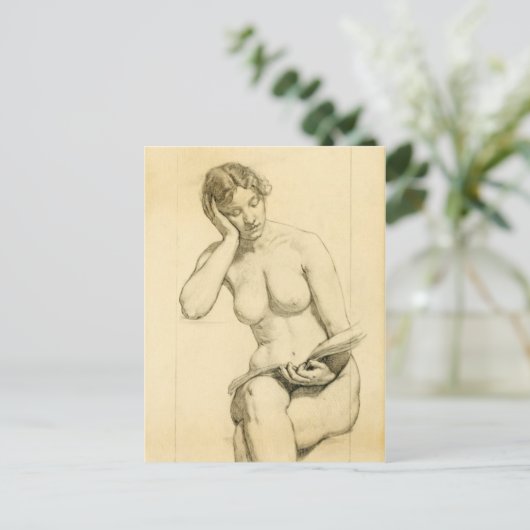 Abbildung zeichn: Frau beim Lesen Postkarte (Stehend Vorderseite)