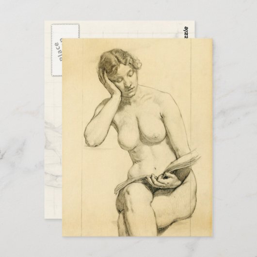 Abbildung zeichn: Frau beim Lesen Postkarte (Vorne/Hinten)