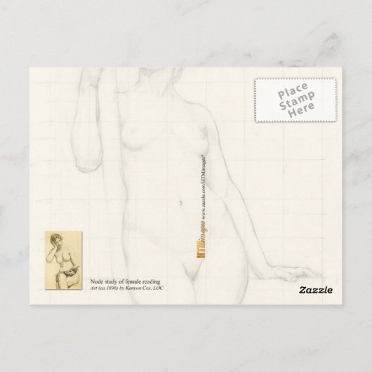 Abbildung zeichn: Frau beim Lesen Postkarte (Rückseite)