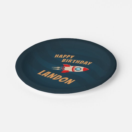 Abblasen | Personalisiert Space Birthday Party Pappteller (Schrägansicht)