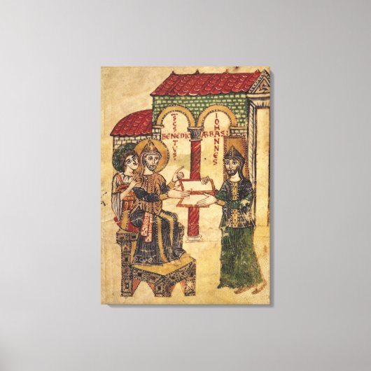 Abbot John bietet Manuskript Benedict an Leinwanddruck (Vorderseite)