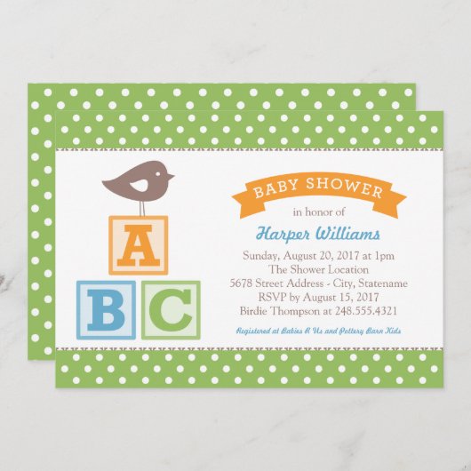 ABC Alphabet blockiert grünes Baby-Dusche Einladung (Vorne/Hinten)