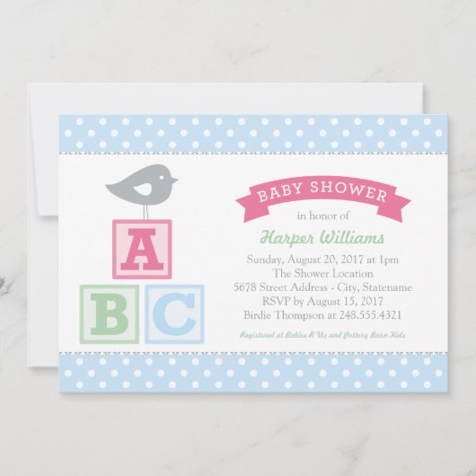 ABC Alphabet blockiert Pink und Blue Baby Dusche Einladung (Vorderseite)