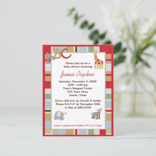 ABC Alphabet Suppe Stripte Babydusche Einladung (Stehend Vorderseite)